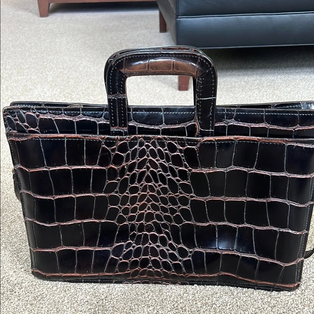 Elegant 1990’s Brown Leather Croc-Embossed Briefcase